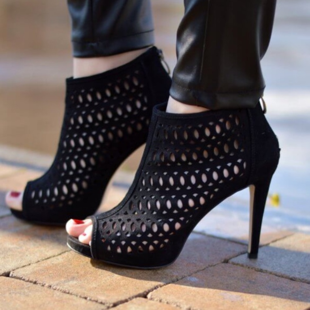 ALDO Peep Toe Cage Black Suede Platform Heels